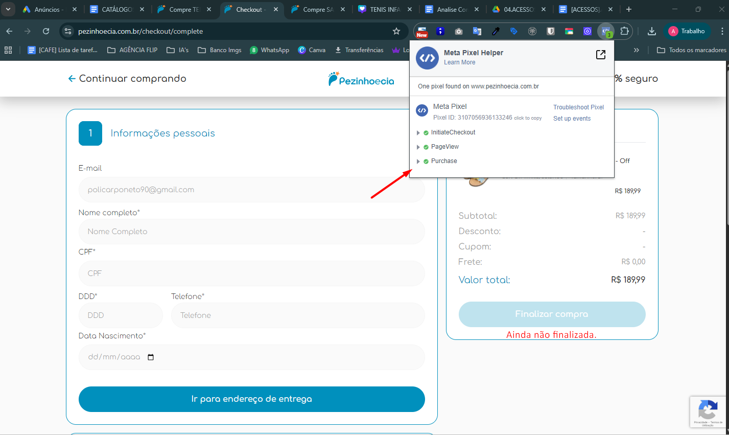 Erro Purchase - Compra não finalizada mas evento disparado